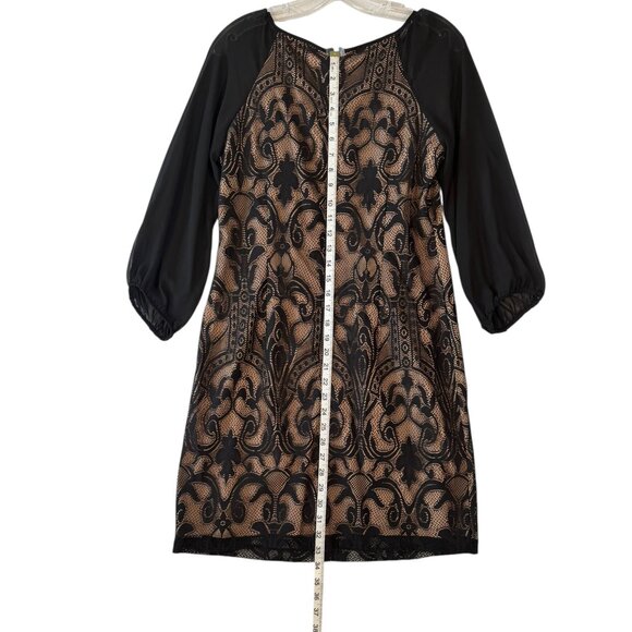 Simply Liliana Black Lace Sheath Dress Sheer Sleeves Tan Lining Sz. 6 - Picture 5 of 9
